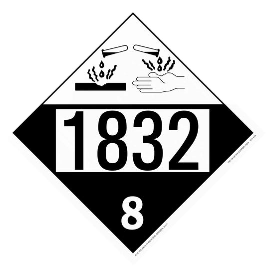 Hazardous materials placard with number 1832 and corrosive symbol showing dripping liquid onto surfaces.