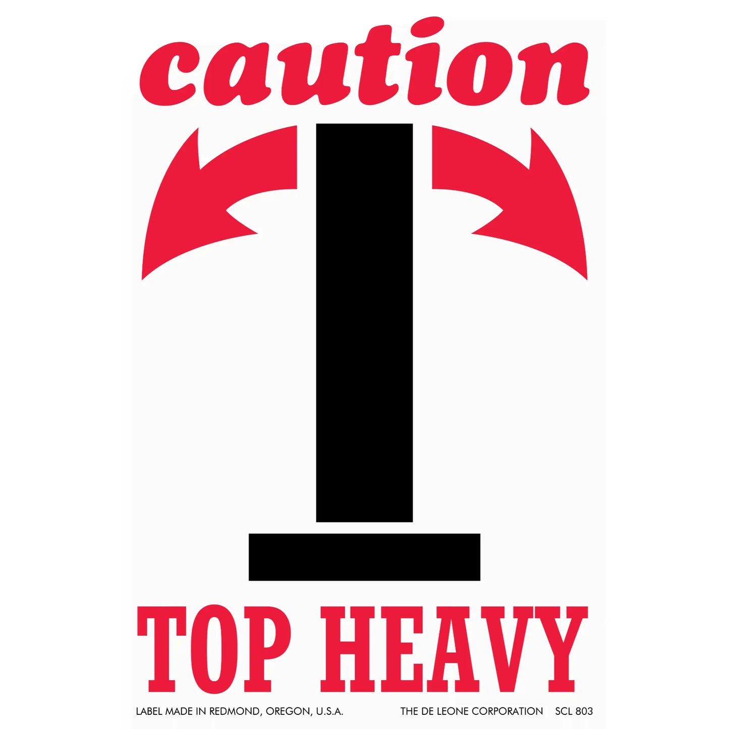 A black warning symbol with red ’caution’ text and arrows indicating ’top heavy’ hazard.