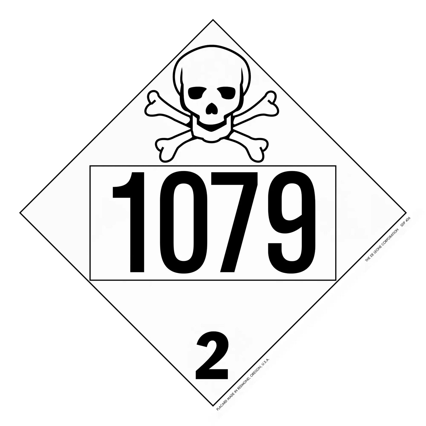 Diamond-shaped hazard placard displaying ’1079’’ with a skull and crossbones symbol and number 2.
