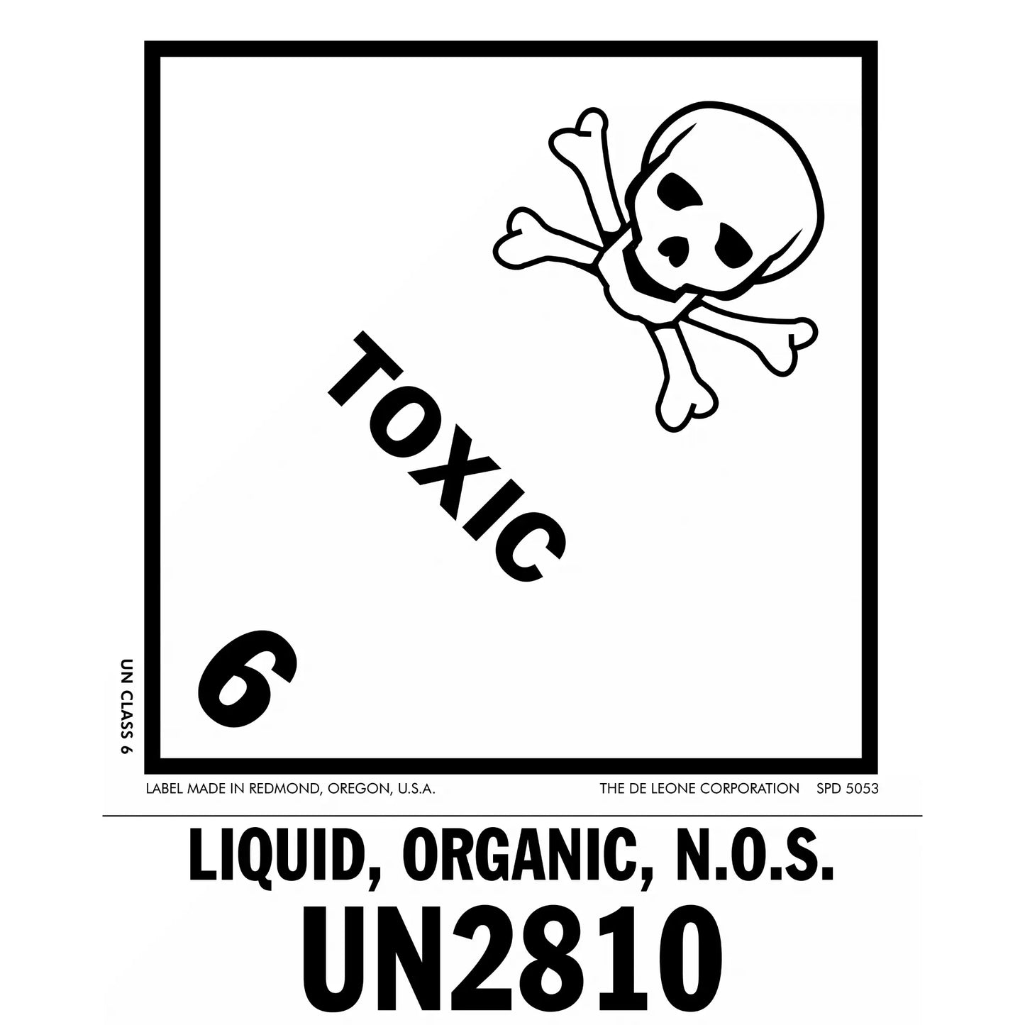Warning label for toxic organic liquid with skull and crossbones symbol.