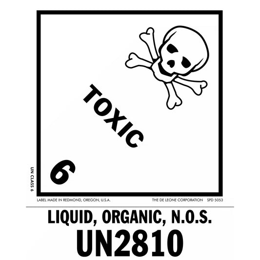 Warning label for toxic organic liquid with skull and crossbones symbol.