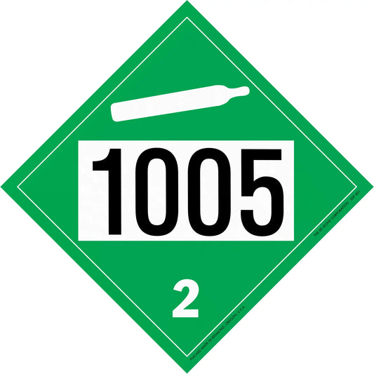 Green diamond-shaped hazard placard displaying ’1005’’ and ’2’’ with a cylinder symbol at the top.