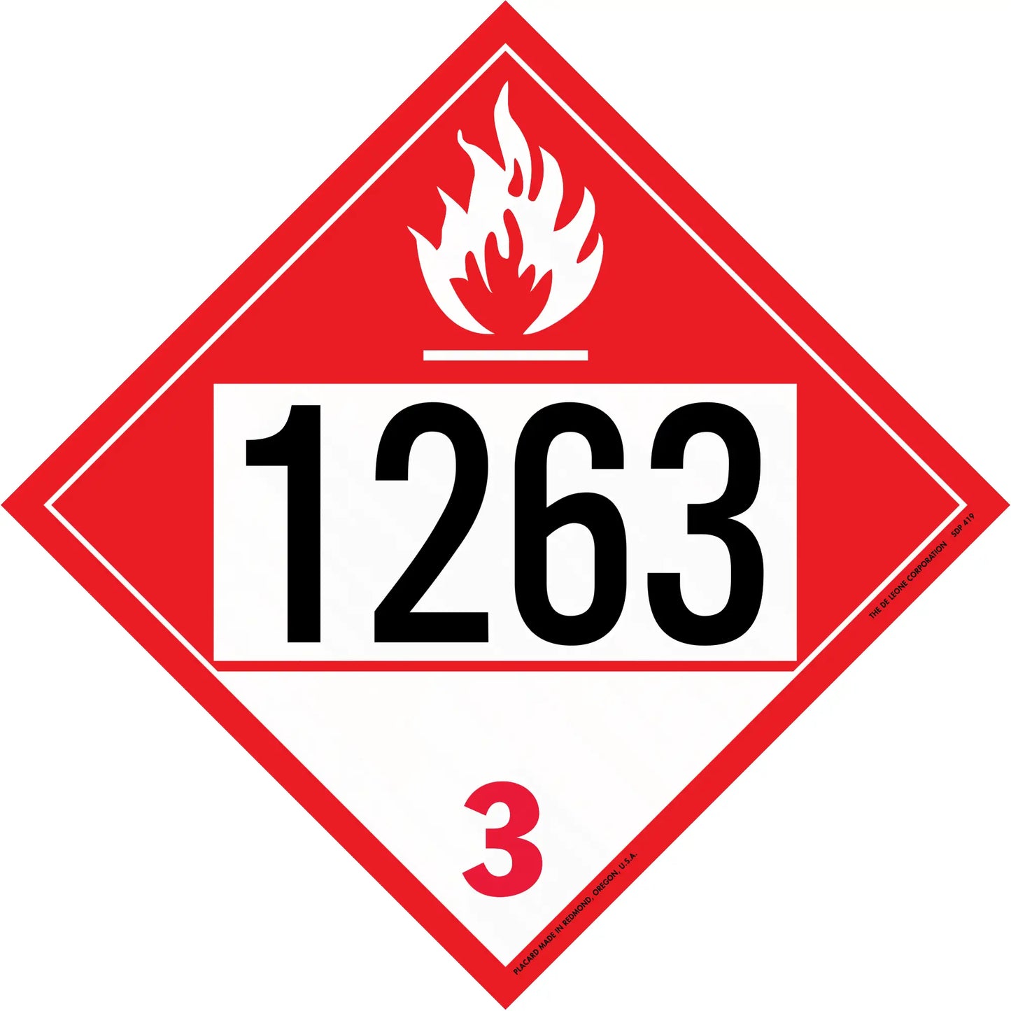 Red diamond-shaped hazardous material placard displaying ’1263’’ and flame symbol for Class 3 flammable liquids.