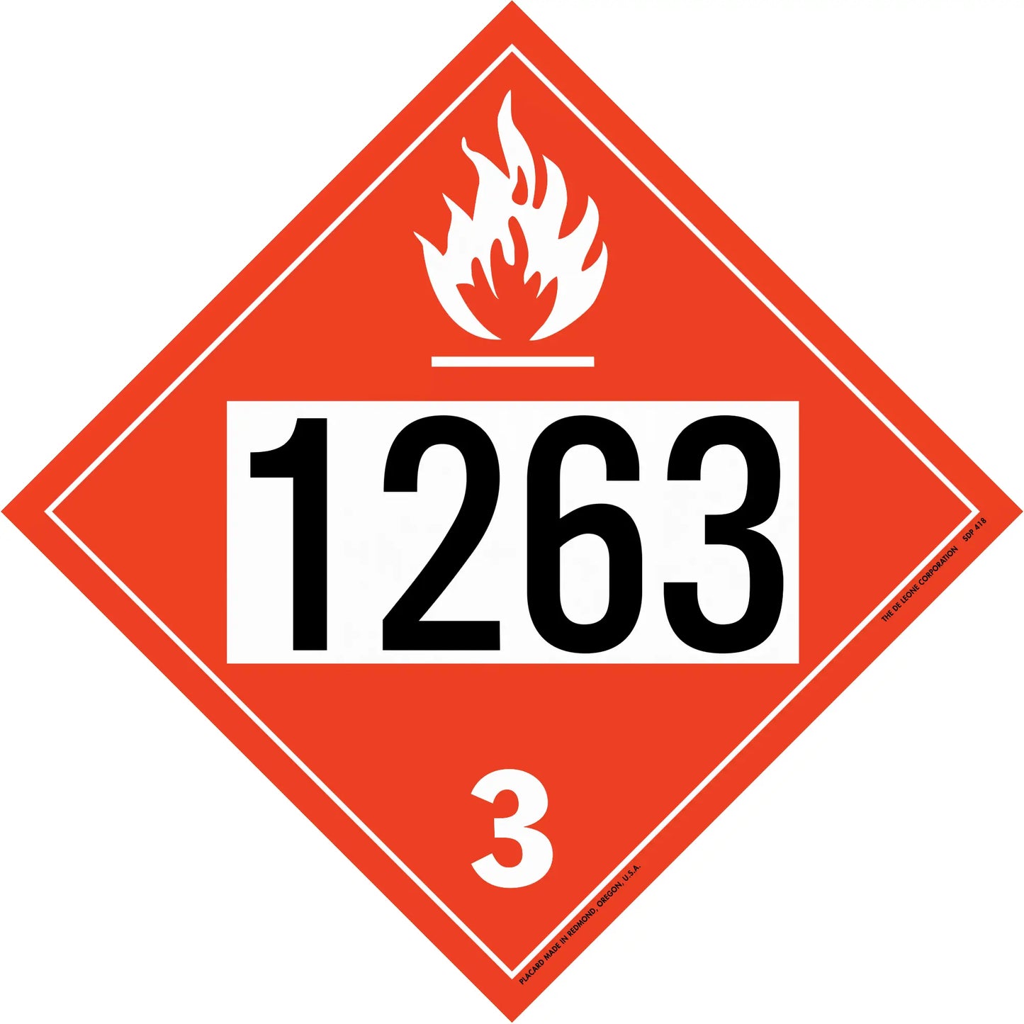 Red diamond-shaped hazardous material placard displaying ’1263’’ and ’3’’ with a flame symbol.