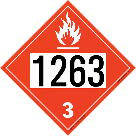 Red diamond-shaped hazardous material placard displaying ’1263’’ and ’3’’ with a flame symbol.