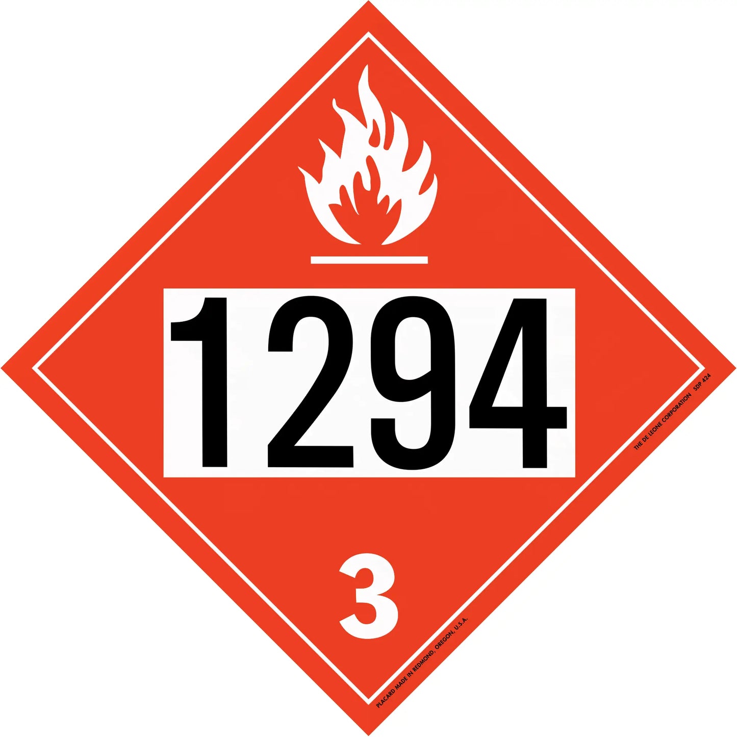 Red diamond-shaped hazardous material placard displaying ’1294’’ and a flame symbol with number ’3’’ classification.