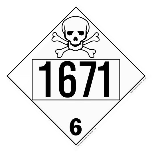 Hazardous material warning placard with skull and crossbones symbol displaying number 1671 and class 6.