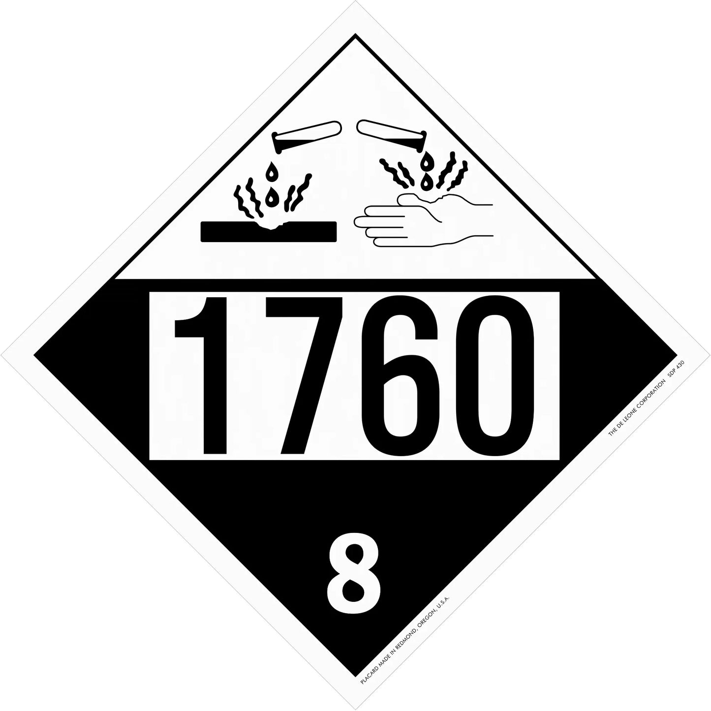 Hazardous material placard with number 1760 and corrosive symbol showing class 8 dangerous goods.