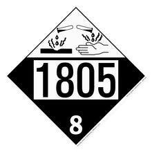 Hazardous materials placard with number 1805 and corrosive symbol showing hands being damaged.
