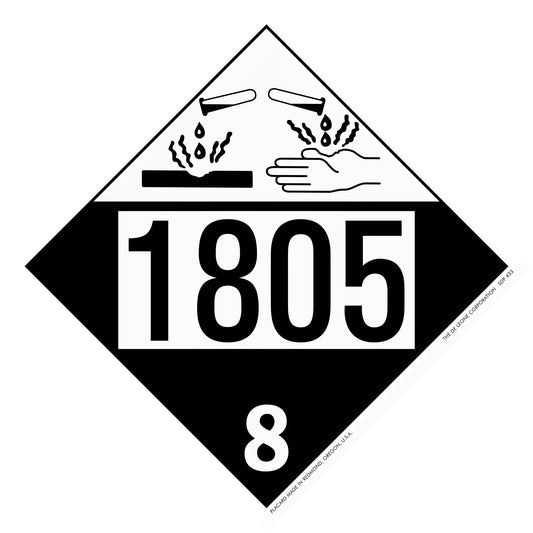 Hazardous materials placard with number 1805 and corrosive symbol showing hands being damaged.