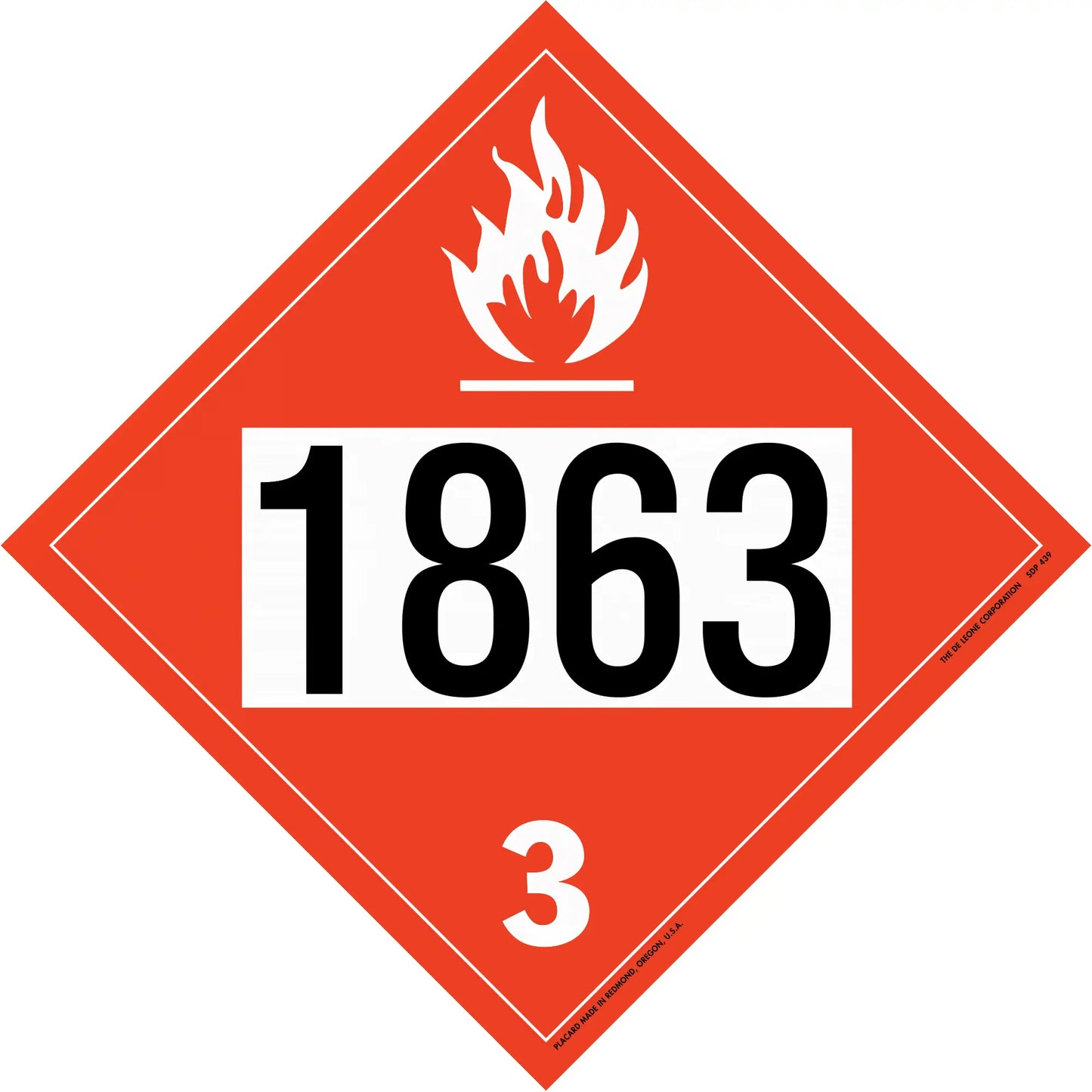 Red diamond-shaped hazardous material placard displaying ’1863’’ and ’3’’ with a flame symbol.