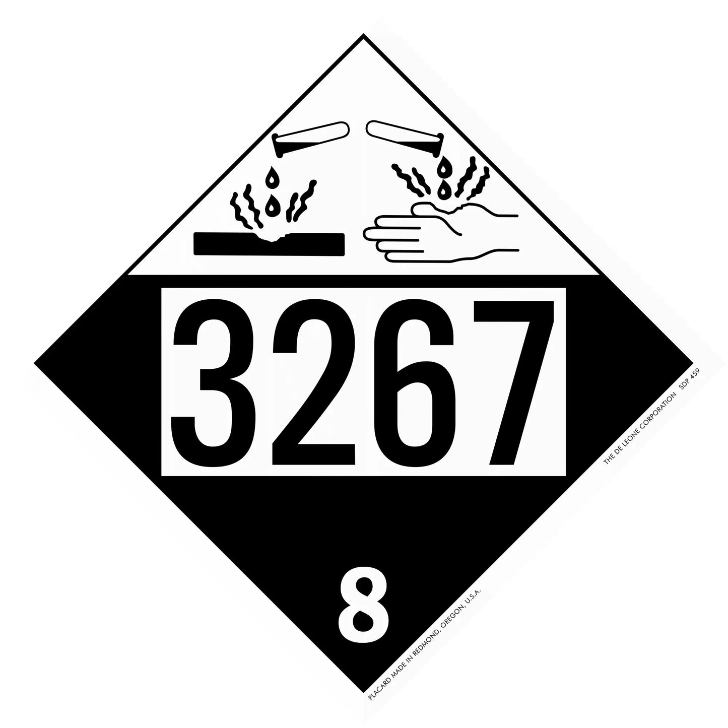 Hazardous materials placard with number 3267 and corrosive symbol showing hands being damaged.