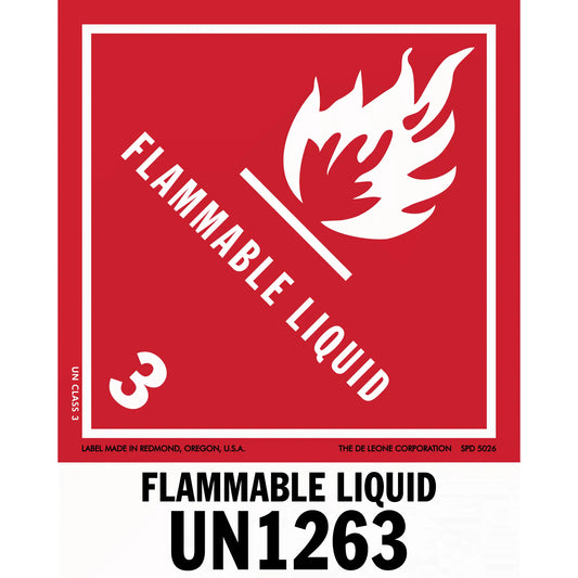 Red warning sign for flammable liquid UN1263 with white flame symbol.