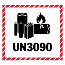 Warning label for lithium batteries with UN3090 hazard classification code and battery/flame symbols.