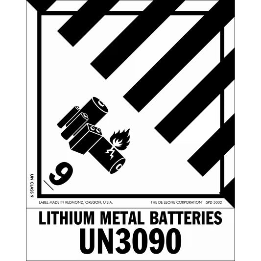 Black and white hazard warning label for lithium metal batteries with UN3090 classification.