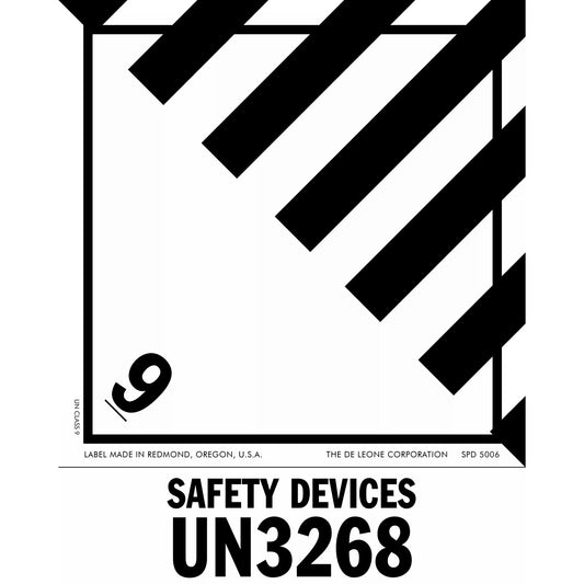 Black and white hazard placard showing UN3268 for Safety Devices.