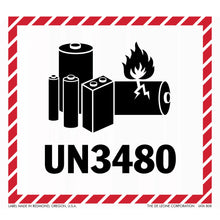 Warning label for lithium batteries with UN3480 hazard identification number and battery symbols.