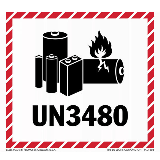 Warning label for lithium batteries with UN3480 hazard identification number and battery symbols.