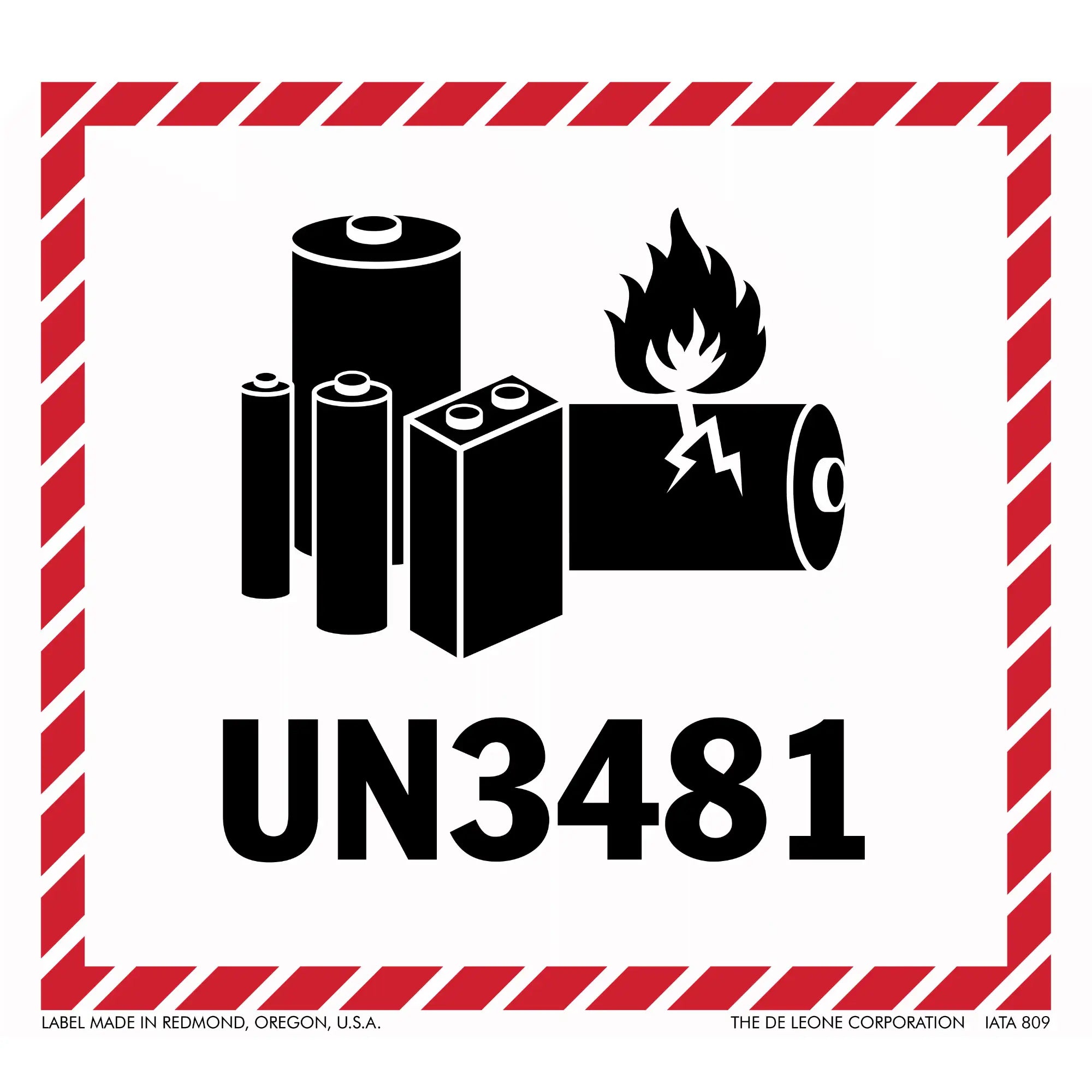 Warning label for lithium batteries with UN3481 hazard identification code.