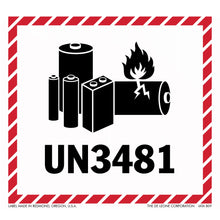 Warning label for lithium batteries with UN3481 hazard identification code.