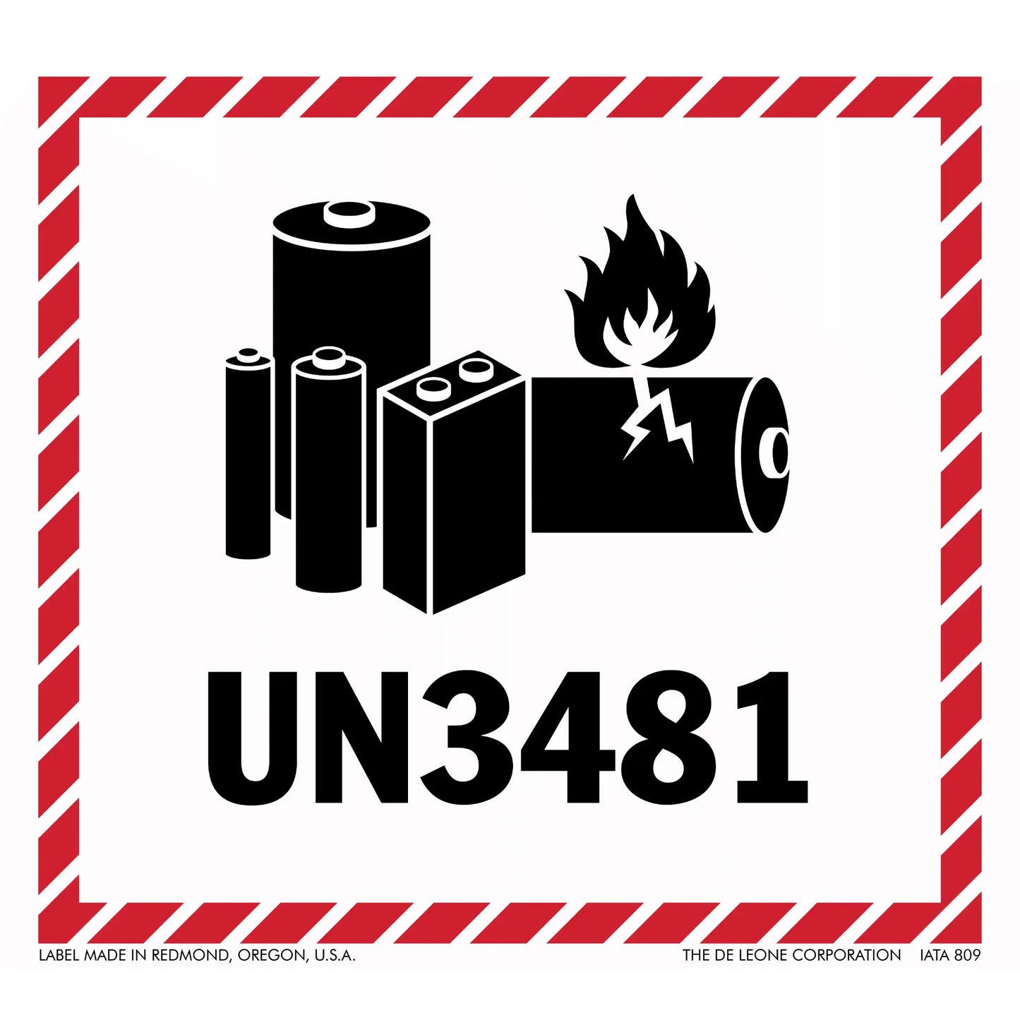 Warning label for lithium batteries with UN3481 hazard identification code.