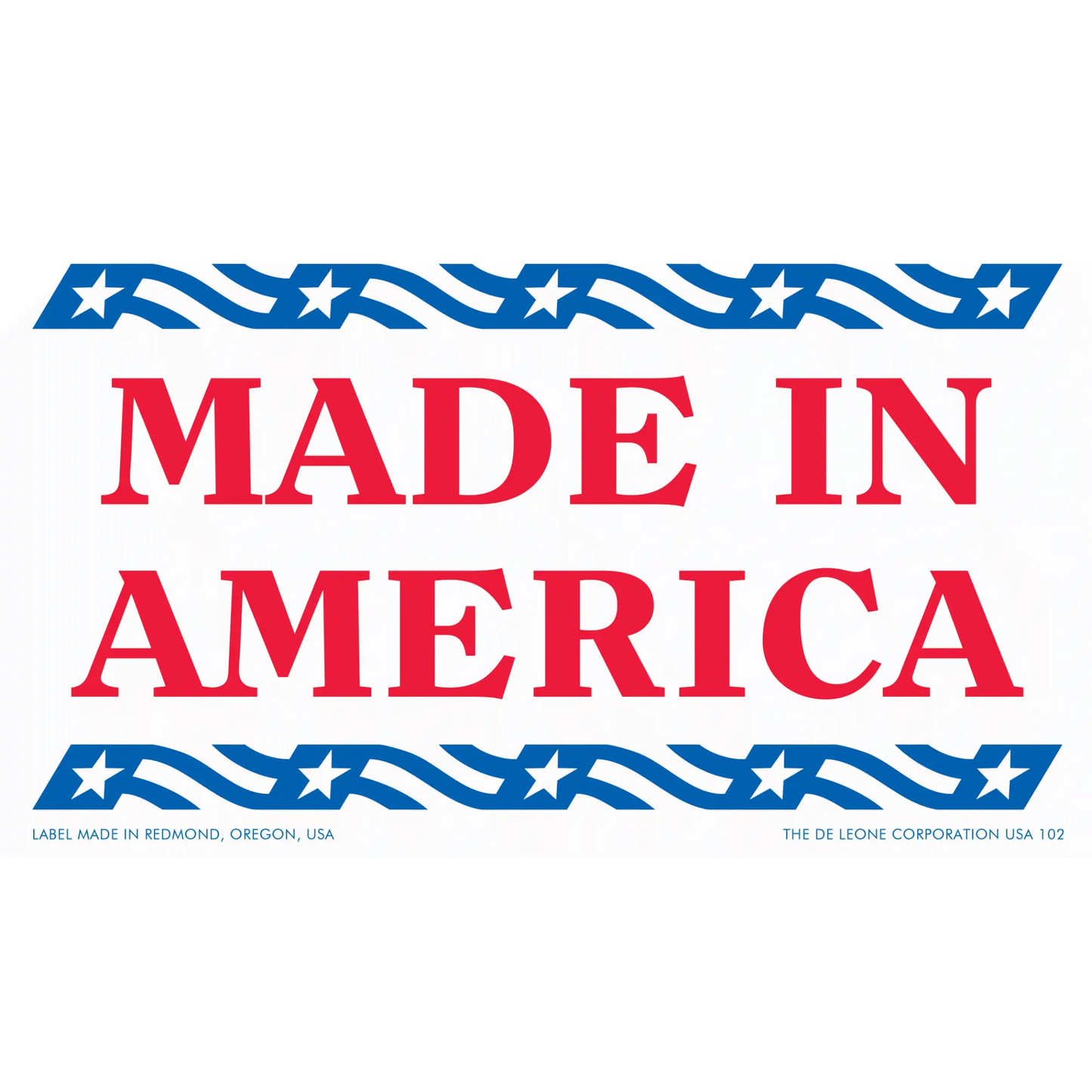 ’MADE IN AMERICA’ text with decorative star-striped borders in red and blue colors.