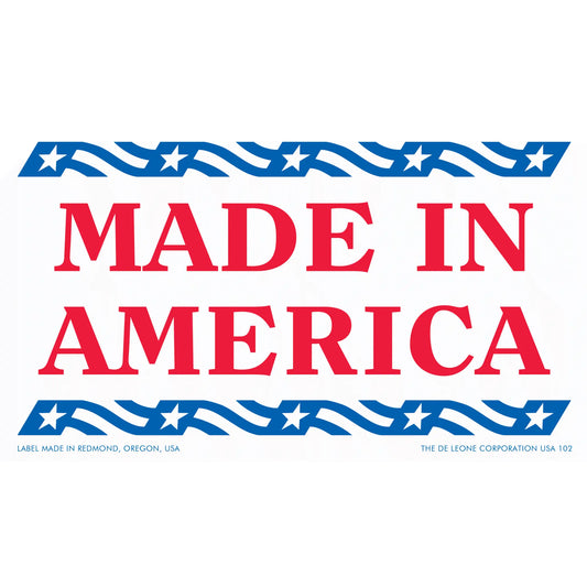 ’MADE IN AMERICA’ text with decorative star-striped borders in red and blue colors.