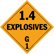 Orange diamond-shaped hazard placard displaying ’1.4 EXPLOSIVES G1’’ warning text.