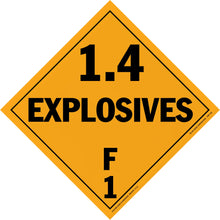 Orange diamond-shaped hazard placard displaying ’1.4 EXPLOSIVES F1’’ in black text.
