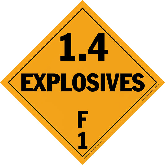 Orange diamond-shaped hazard placard displaying ’1.4 EXPLOSIVES F1’’ in black text.