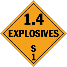 Orange diamond-shaped hazard placard displaying ’1.4 EXPLOSIVES S1’’ in black text.