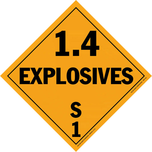 Orange diamond-shaped hazard placard displaying ’1.4 EXPLOSIVES S1’’ in black text.