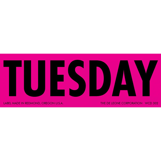 Bold black text spelling ’TUESDAY’ on a pink background.