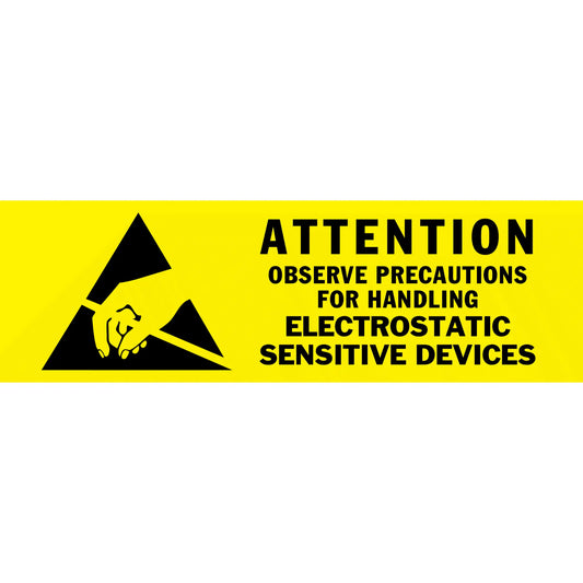 Yellow warning sign about handling electrostatic sensitive devices.