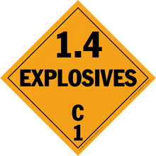 Orange diamond-shaped hazard placard displaying ’1.4 EXPLOSIVES C1’’ in black text.