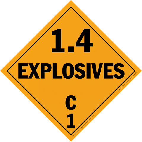 Orange diamond-shaped hazard placard displaying ’1.4 EXPLOSIVES C1’’ in black text.