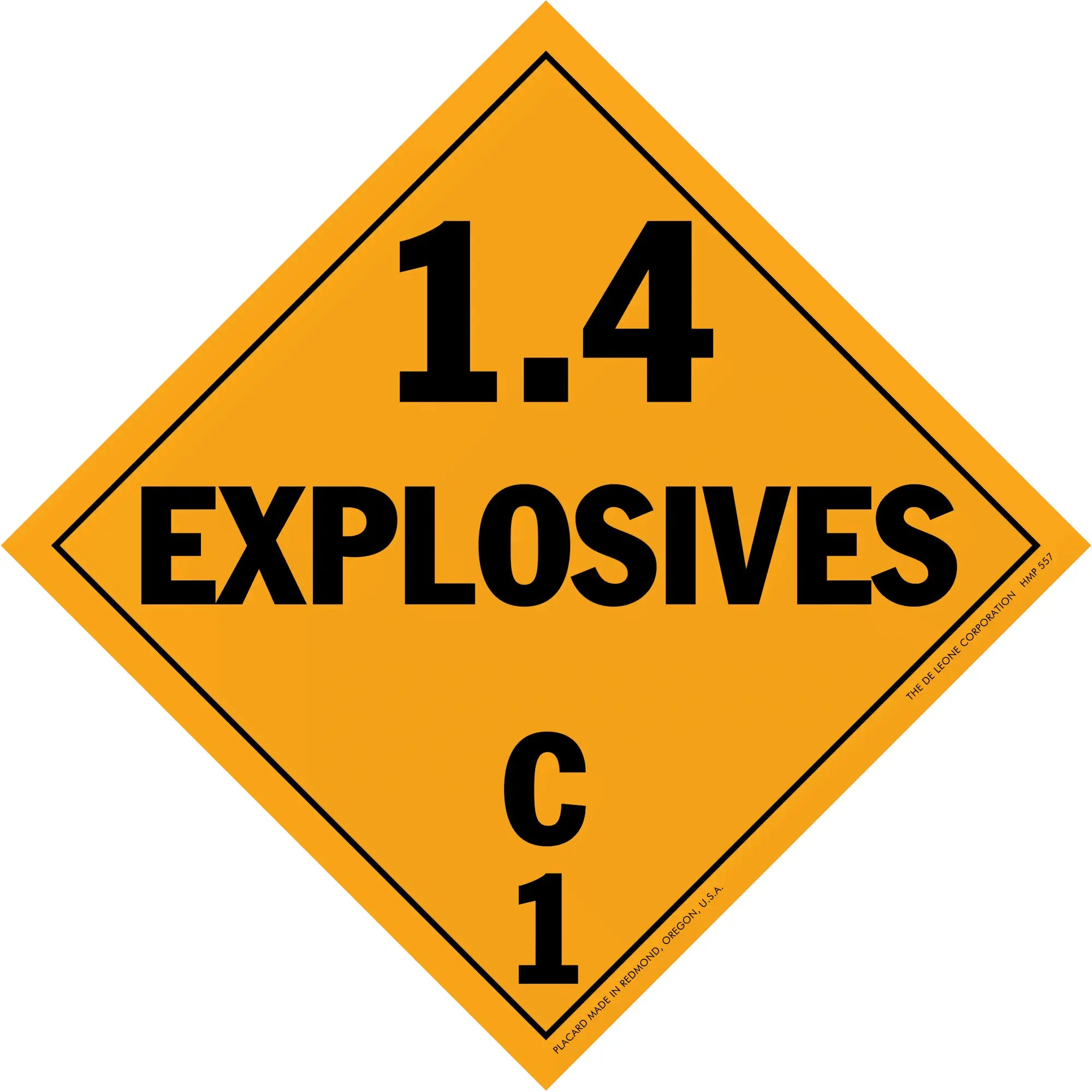 Orange diamond-shaped hazard placard displaying ’1.4 EXPLOSIVES C1’’ in black text.