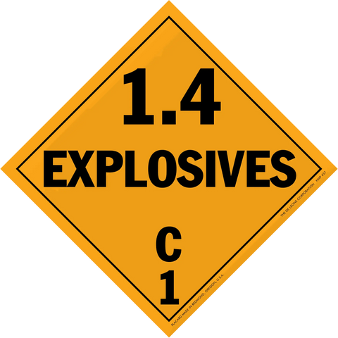 Diamond-shaped orange warning placard displaying ’1.4 EXPLOSIVES C1’’ in black text.