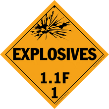 Diamond-shaped orange warning sign for explosives with classification 1.1F.