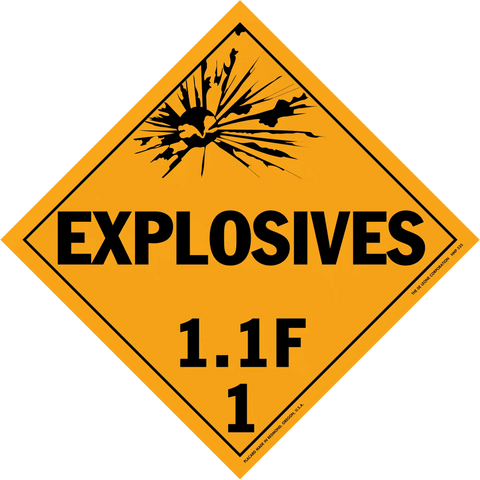 Diamond-shaped orange warning sign for explosives with classification 1.1F.