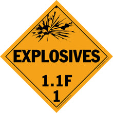 Diamond-shaped orange warning sign for explosives with classification 1.1F.