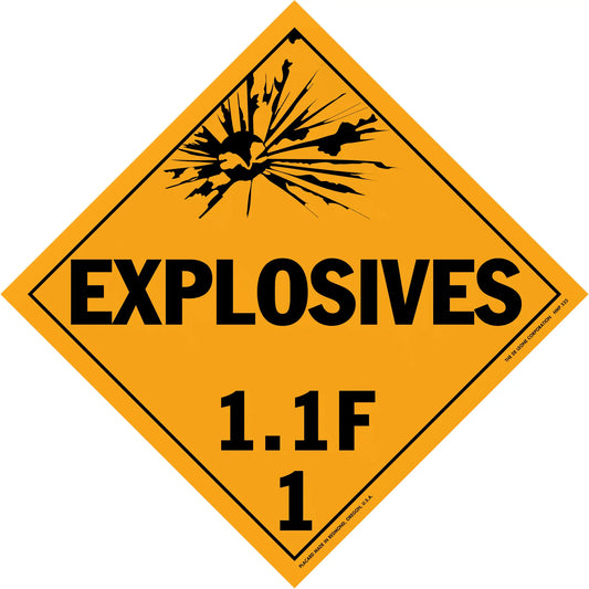 Diamond-shaped orange warning sign for explosives with classification 1.1F.