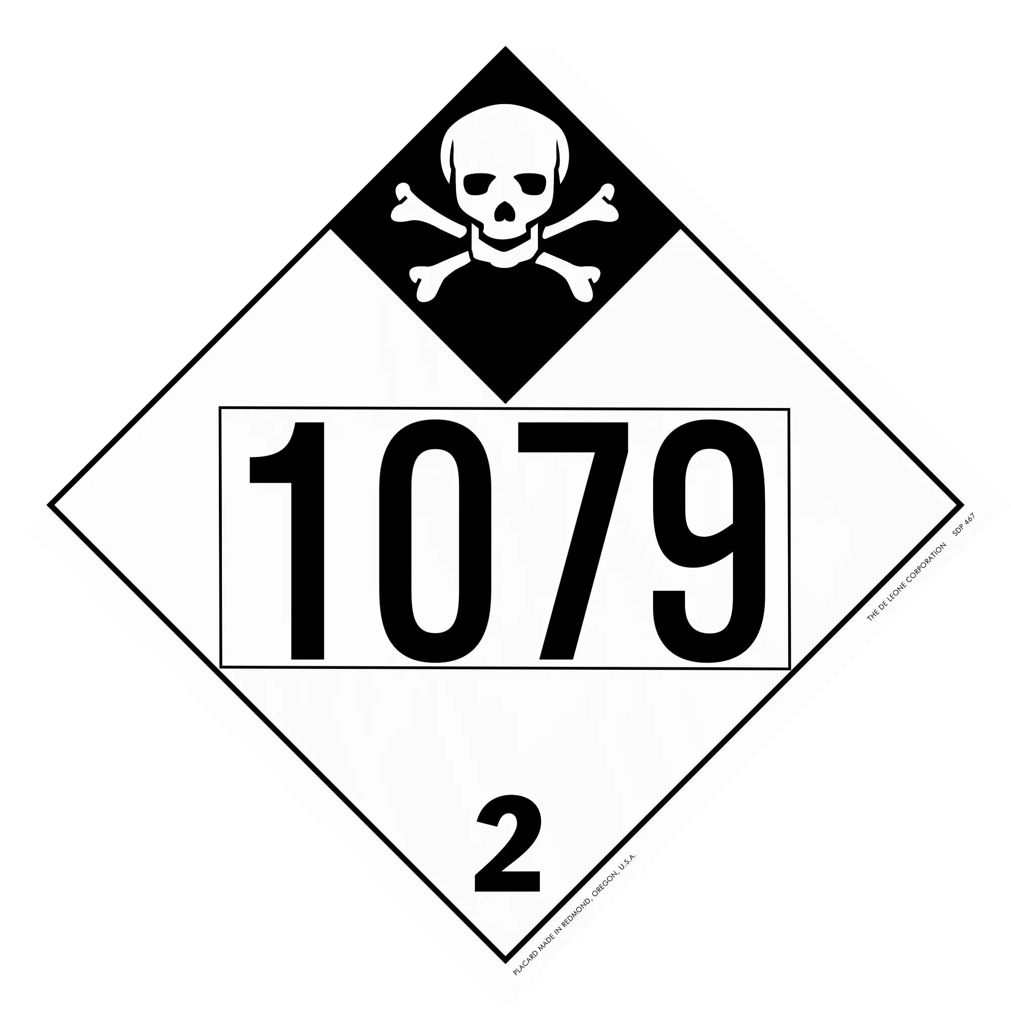 Hazardous materials placard showing skull and crossbones symbol with number 1079 and division 2.