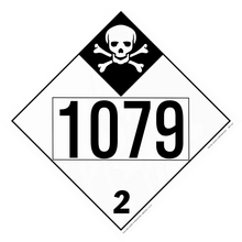 Hazardous materials placard showing skull and crossbones symbol with number 1079 and division 2.