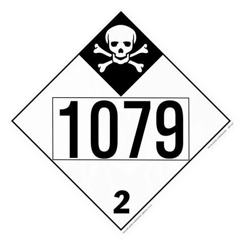 Hazardous materials placard showing skull and crossbones symbol with number 1079 and division 2.