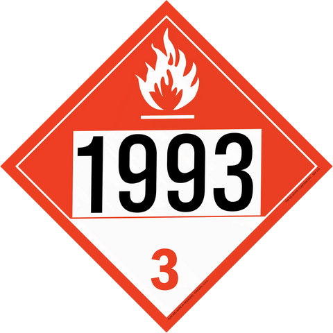 Red and white hazardous material placard with number 1993 and flammable symbol.