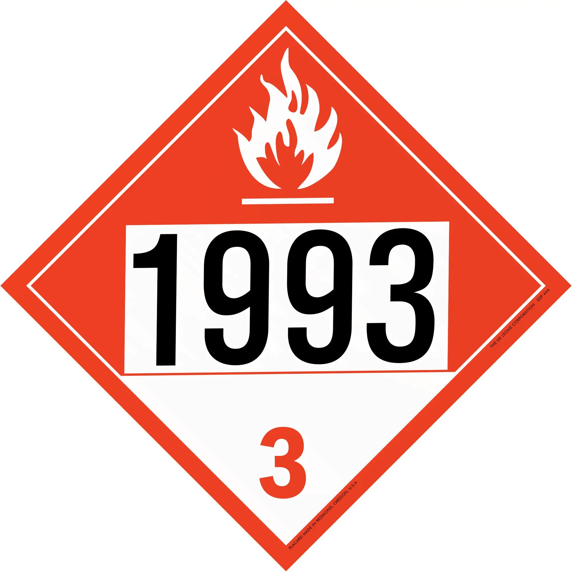 Red and white hazardous material placard with number 1993 and flammable symbol.