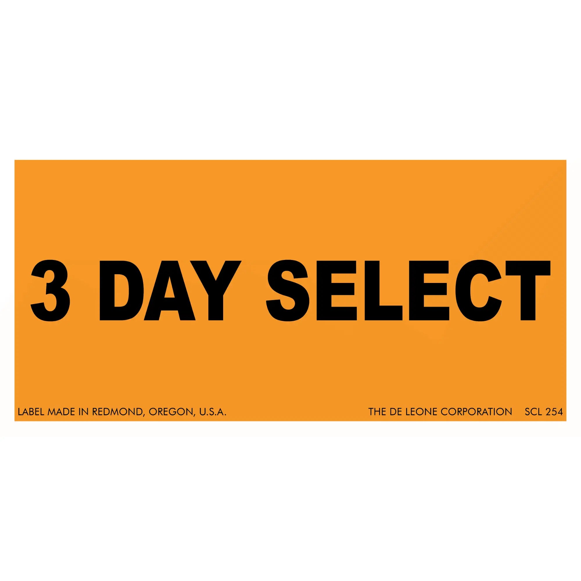 Orange label with black text reading ’3 DAY SELECT’