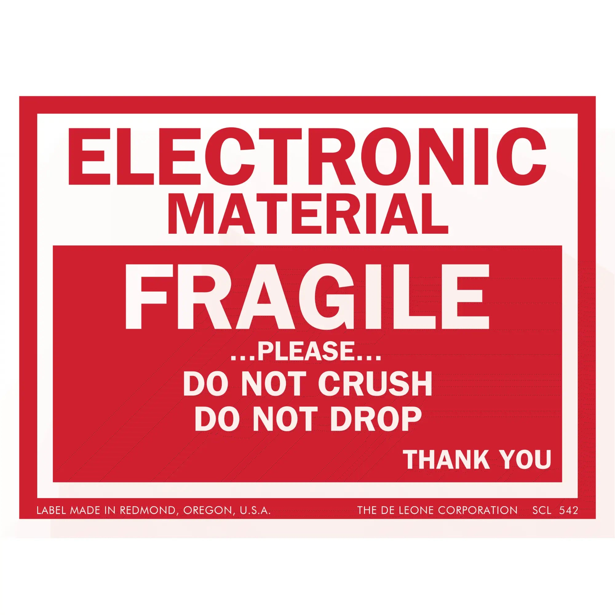 Red and white warning label for fragile electronic materials.
