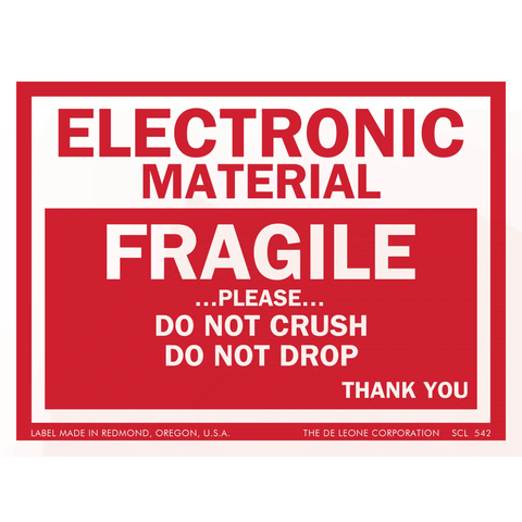 Red and white warning label for fragile electronic materials.